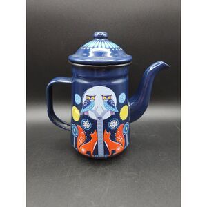 Folklore Wild & Wolf Enamel Teapot Night & Day Owls and Foxes Dark Blue Night